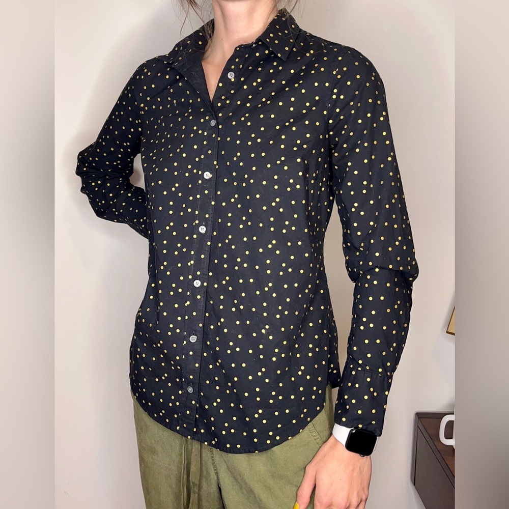 Jcrew Perfect Fit Navy & Gold Polka Dot Cotton Button Up